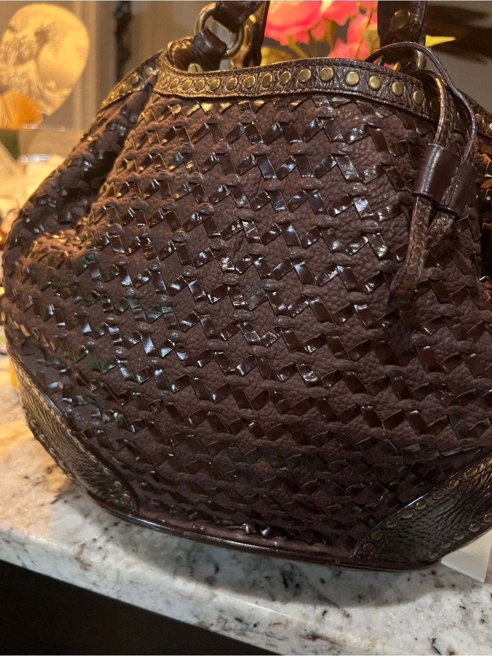 Moschino Dark Brown Woven Leather Hobo with Stud Accents